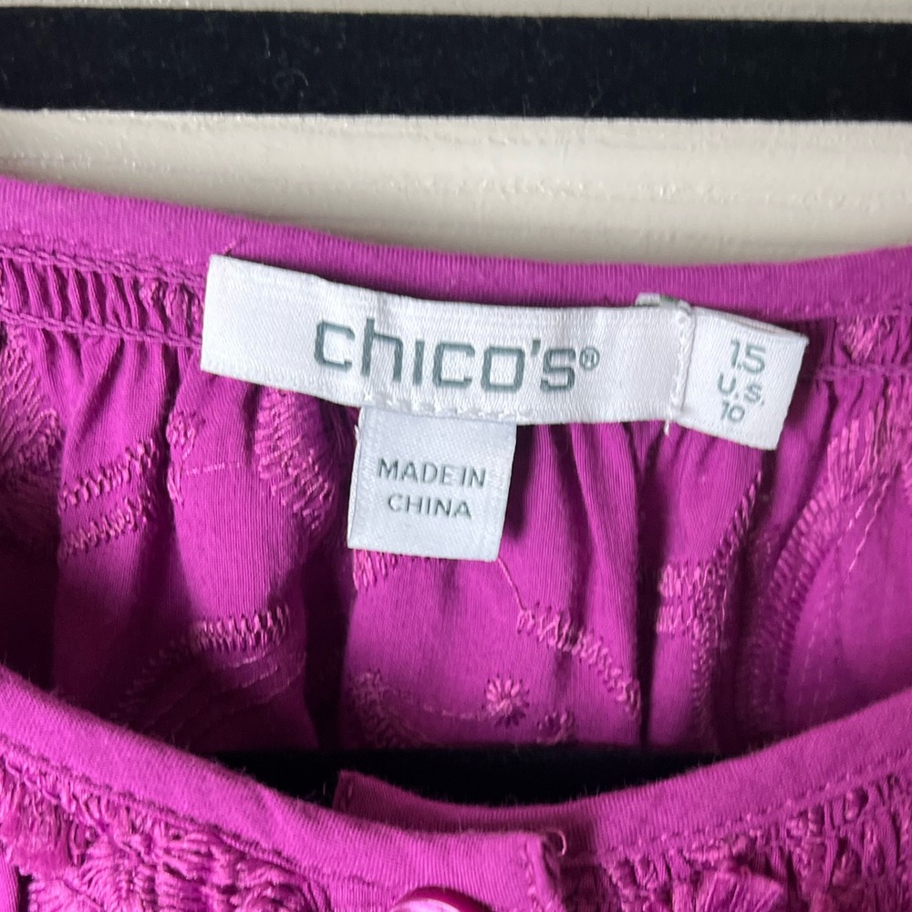 Chico's Fuchsia Floral Appliqué Puff-Sleeve Blouse - Picture 3 of 6